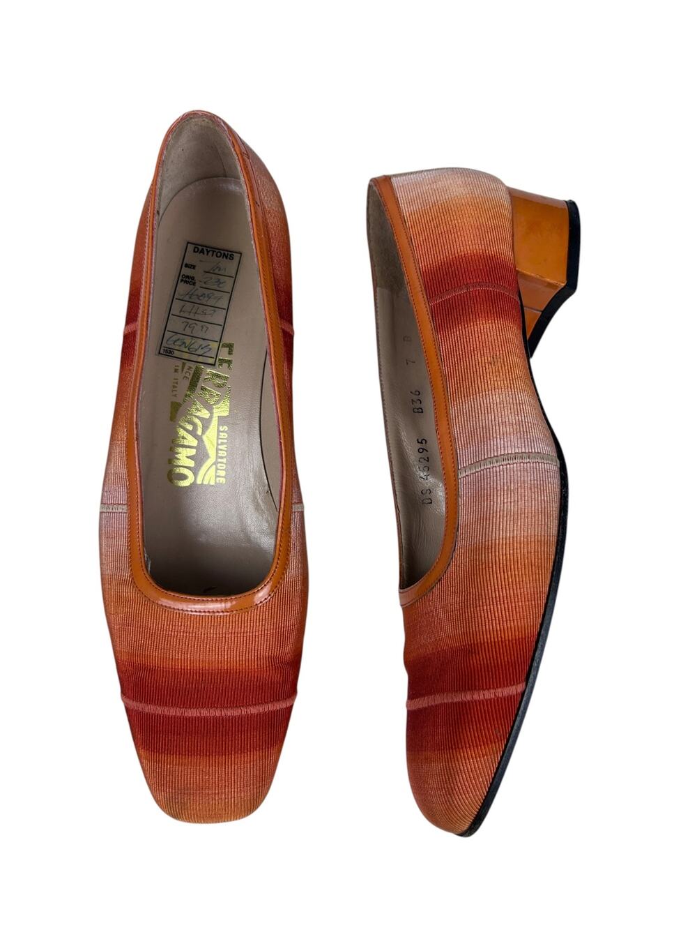 Salvatore Ferragamo Vitnage 90s Orange Ombre Woven Square Toe Patent Trim Heel 7